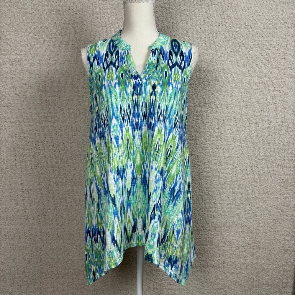 Chico's Top Womens 1/Med‎ Blue Green Abstract Sleeveless Asymmetrical V-Neck